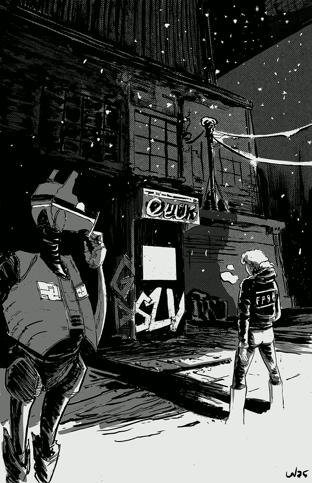 A woman and an android stand facing a console on a dirty street that's littered with graffiti