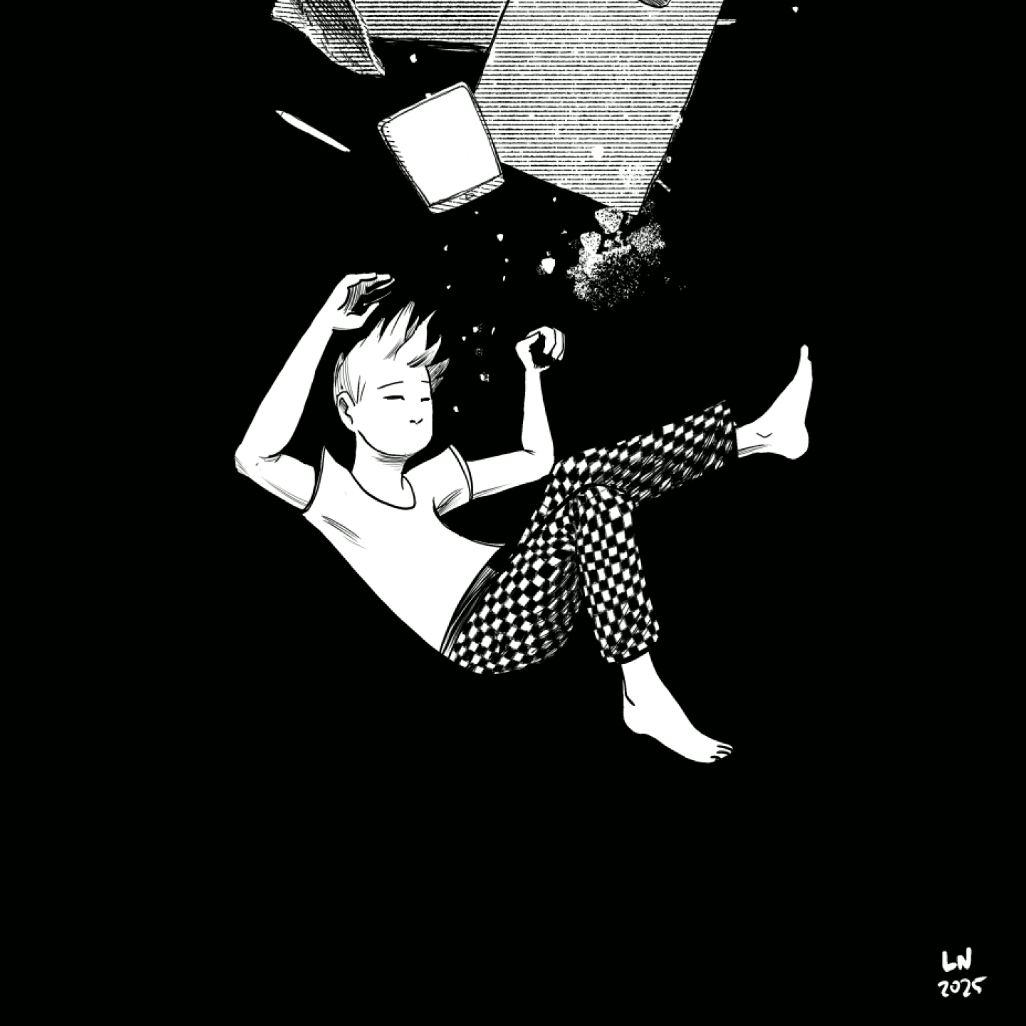 A man floats down into darkness, surrounded by debris and fish