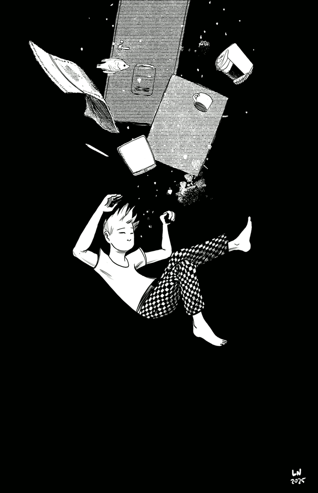 A man floats down into darkness, surrounded by debris and fish