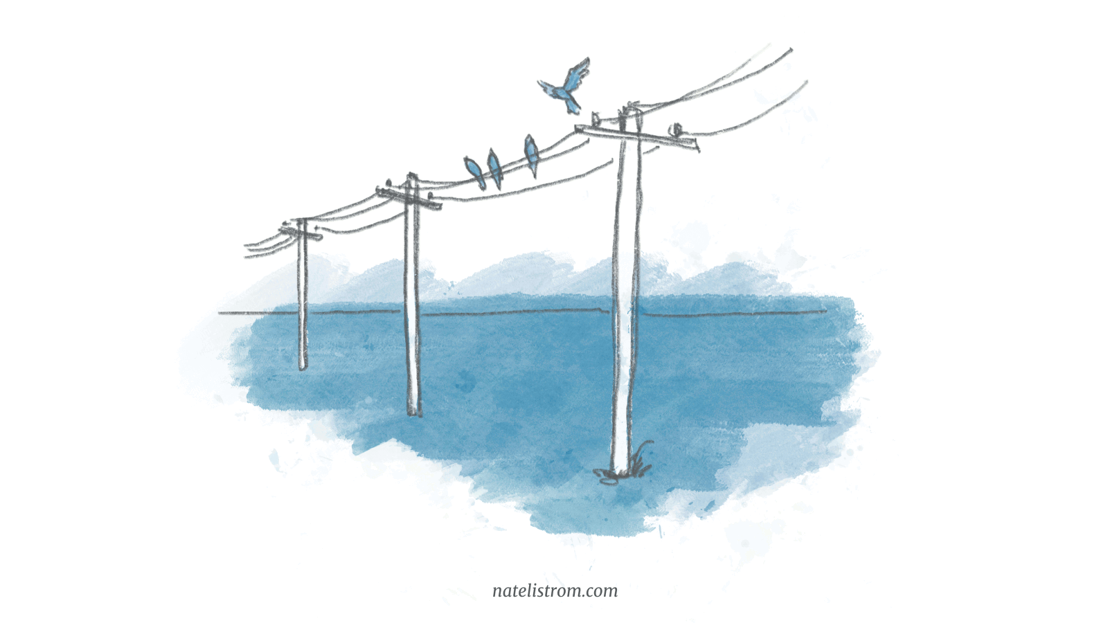 A picture of above ground powerlines strung from one pole to the next