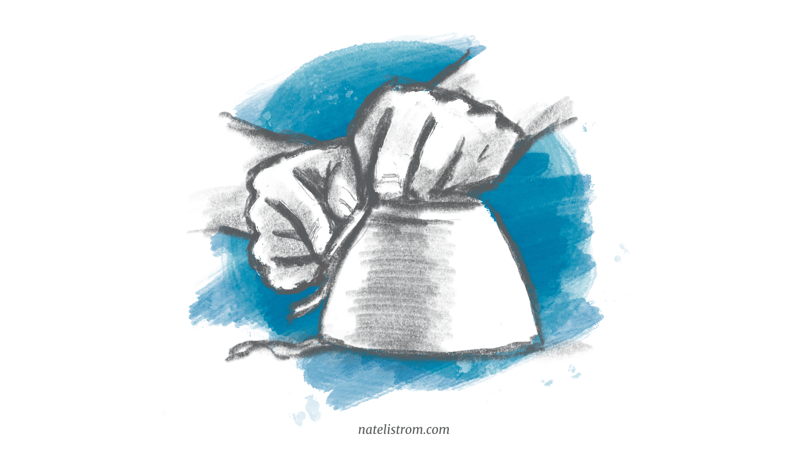 An illustration of hands trimming the foot of a small clay bowl