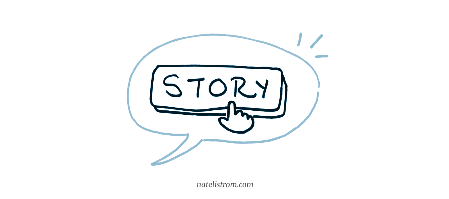 A cursor pointer, floating within a speech bubble, hovered over a button that says "story"
