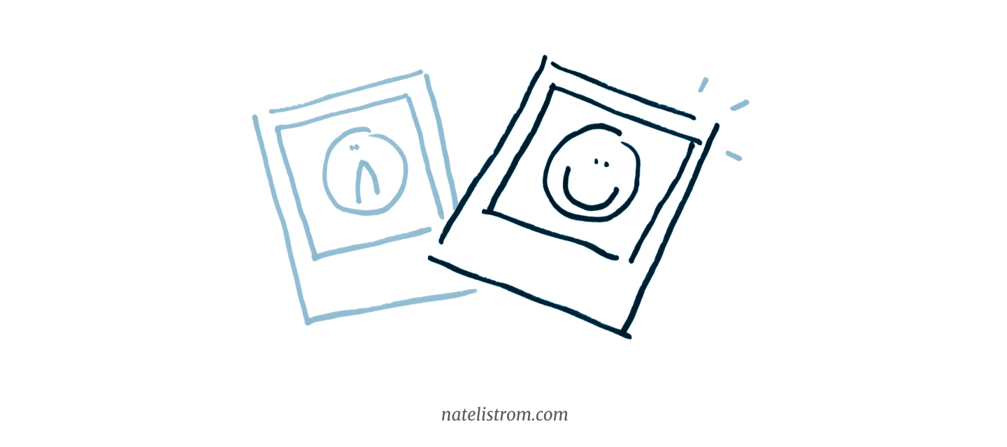 A drawing of two polaroid photos, one with a frowning face and one with a smiling face